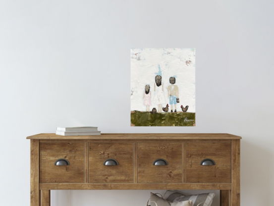 Original Figurative Farmhouse Painting featuring a mum and children feeding chickens.
