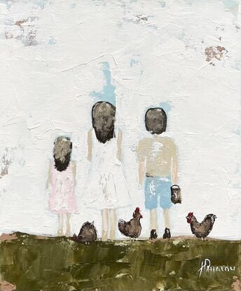 Original Figurative Farmhouse Painting featuring a mum and children feeding chickens.
