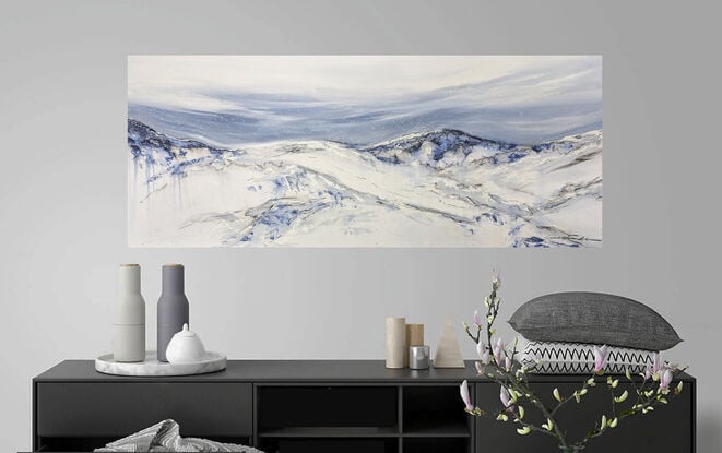 A large abstract painting of the Australian alpine region in white and blue