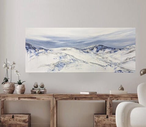 A large abstract painting of the Australian alpine region in white and blue