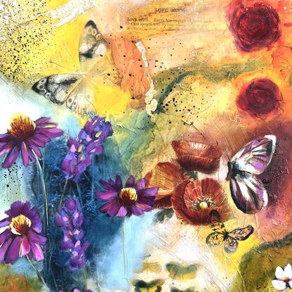 Hedgehog, bunny and field mouse surrounded by florals and abstract markings. Butterflies and bees veiled within the background