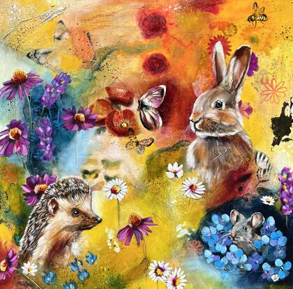 Hedgehog, bunny and field mouse surrounded by florals and abstract markings. Butterflies and bees veiled within the background