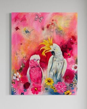 yellow crested cockatoo and pink galah surrounded by florals and abstract marking. Pink background