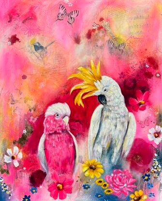 yellow crested cockatoo and pink galah surrounded by florals and abstract marking. Pink background