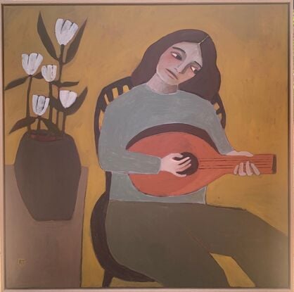 The painting depicts a woman seated on a chair playing a lute. There is a table beside her with a vase of white flowers on it. The background is yellow. 