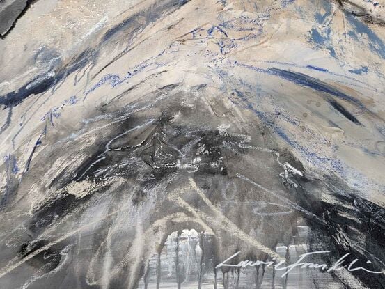 A large abstract landscape of the Victorian Alpine region in mixed media in dark navy blue, cream, beige and grey.