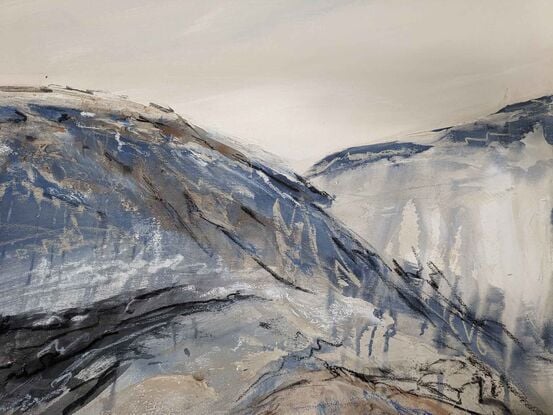 A large abstract landscape of the Victorian Alpine region in mixed media in dark navy blue, cream, beige and grey.