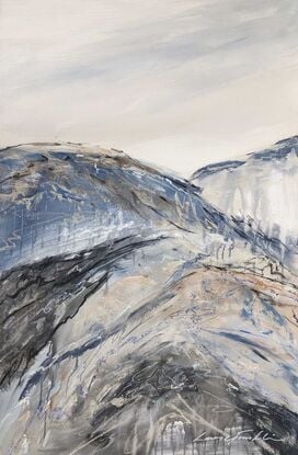 A large abstract landscape of the Victorian Alpine region in mixed media in dark navy blue, cream, beige and grey.