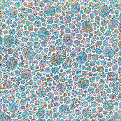 white circles on blues and pinks textured abstract