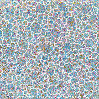 white circles on blues and pinks textured abstract