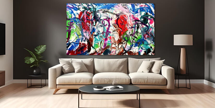 Images show the painting in different lounge rooms