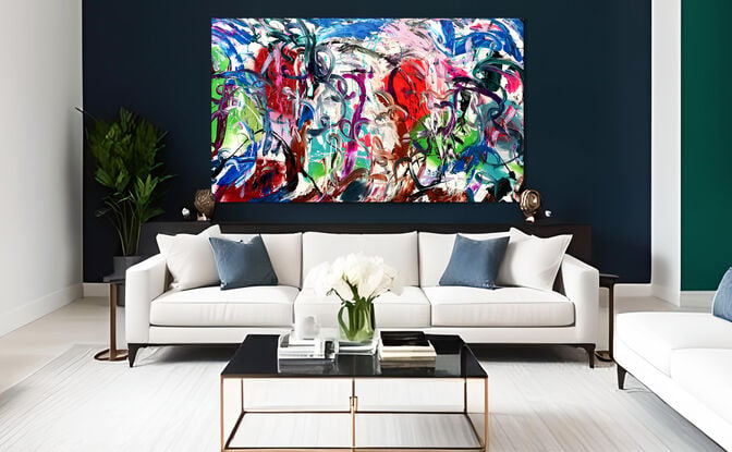 Images show the painting in different lounge rooms