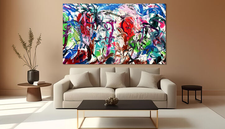 Images show the painting in different lounge rooms