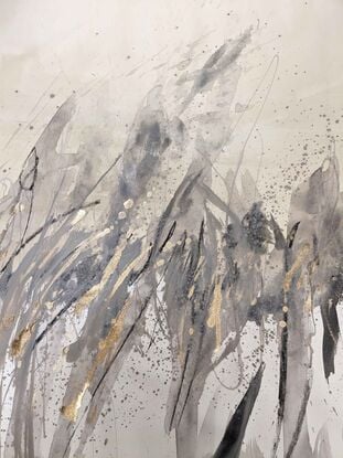 A large abstract painting of a mountain range with dark brown, beige and gold