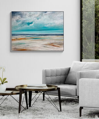 The Distant Calm  is a textured abstract seascape, awash in vibrant teal blue hues, evoking the tranquility of the ocean. Fluffy white clouds float across the sky, while intricate mark making adds layers of depth and energy, capturing the essence of a dreamlike coastal haven.