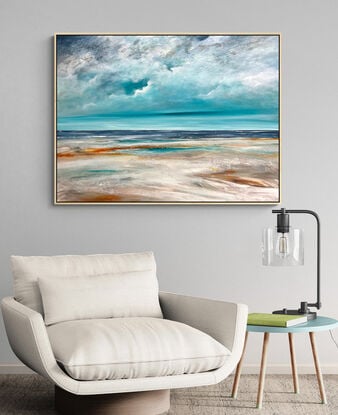 The Distant Calm  is a textured abstract seascape, awash in vibrant teal blue hues, evoking the tranquility of the ocean. Fluffy white clouds float across the sky, while intricate mark making adds layers of depth and energy, capturing the essence of a dreamlike coastal haven.