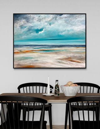 The Distant Calm  is a textured abstract seascape, awash in vibrant teal blue hues, evoking the tranquility of the ocean. Fluffy white clouds float across the sky, while intricate mark making adds layers of depth and energy, capturing the essence of a dreamlike coastal haven.