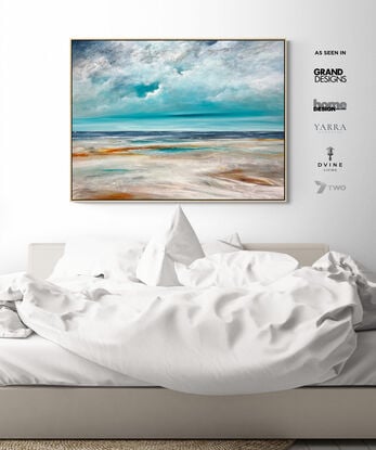 The Distant Calm  is a textured abstract seascape, awash in vibrant teal blue hues, evoking the tranquility of the ocean. Fluffy white clouds float across the sky, while intricate mark making adds layers of depth and energy, capturing the essence of a dreamlike coastal haven.