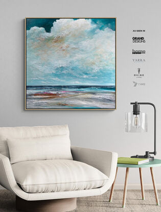 The Secret Flow is a textured abstract seascape, awash in vibrant teal blue hues, evoking the tranquility of the ocean. Fluffy white clouds float across the sky, while intricate mark making adds layers of depth and energy, capturing the essence of a dreamlike coastal haven.