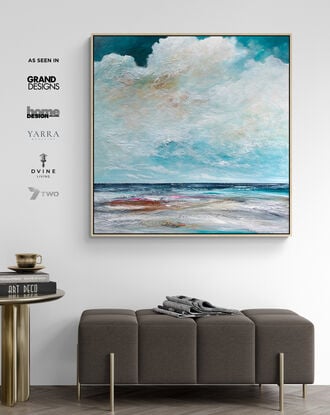 The Secret Flow is a textured abstract seascape, awash in vibrant teal blue hues, evoking the tranquility of the ocean. Fluffy white clouds float across the sky, while intricate mark making adds layers of depth and energy, capturing the essence of a dreamlike coastal haven.