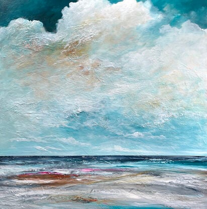 The Secret Flow is a textured abstract seascape, awash in vibrant teal blue hues, evoking the tranquility of the ocean. Fluffy white clouds float across the sky, while intricate mark making adds layers of depth and energy, capturing the essence of a dreamlike coastal haven.