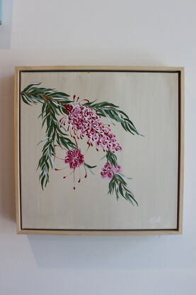 Maroon, red, pink and white Grevillea with green leaves on a light beige background