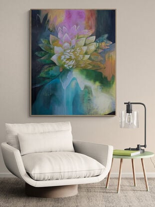 A large vertical painting with soft colours depicting a flower, yearning to be found.