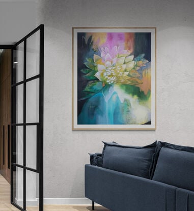 A large vertical painting with soft colours depicting a flower, yearning to be found.