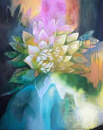 A large vertical painting with soft colours depicting a flower, yearning to be found.