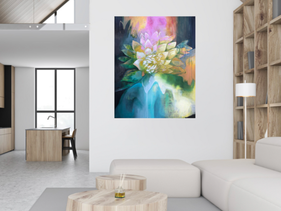 A large vertical painting with soft colours depicting a flower, yearning to be found.