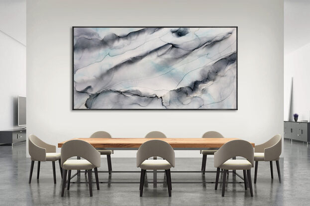 A very large 2 metre by 1 metre original painting using acrylics and alcohol ink/. The main colours are a deep grey to light grey with touches of teal, blue and metallic gold...
As one moves position to view the painting, itchanges in the different light...