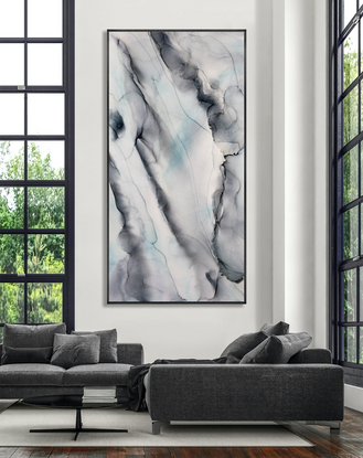 A very large 2 metre by 1 metre original painting using acrylics and alcohol ink/. The main colours are a deep grey to light grey with touches of teal, blue and metallic gold...
As one moves position to view the painting, itchanges in the different light...