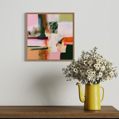 abstract artwork in pinks and greens inspired by flowers and spring