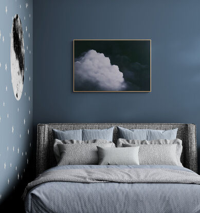 A Deep dark blue canvas with ethereal highlighted clouds ; Lucinda Leveille; original art; framed