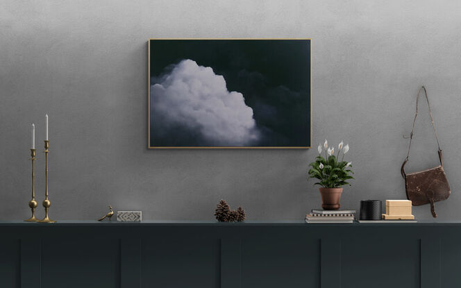 A Deep dark blue canvas with ethereal highlighted clouds ; Lucinda Leveille; original art; framed