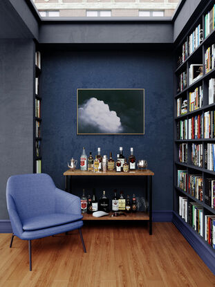 A Deep dark blue canvas with ethereal highlighted clouds ; Lucinda Leveille; original art; framed