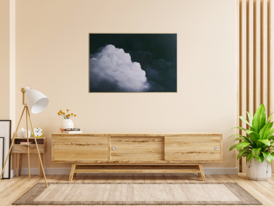 A Deep dark blue canvas with ethereal highlighted clouds ; Lucinda Leveille; original art; framed