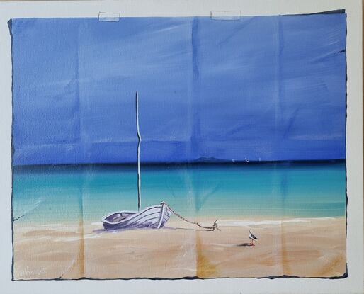 Moored dinghy on deserted beach