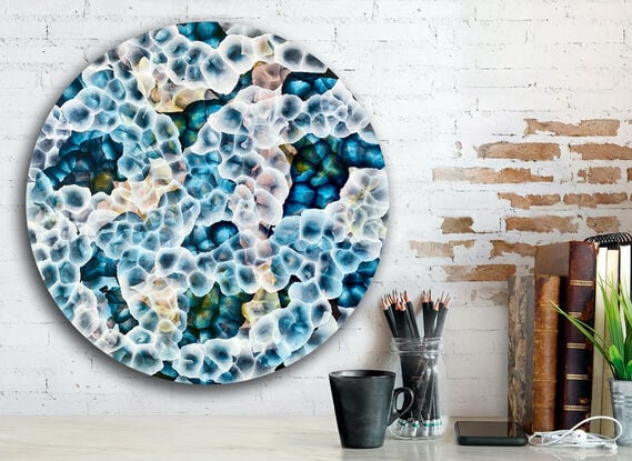 Round Art. Abstract painting with dots and organic forms reminiscent of science, the sea or underwater. Colourful with many layers of colour and floating forms. Green, blue, aqua , lemon, pink and white. A unique mixing of original abstract art with microbiology and science. Cellular art. Surf foam and bubble forms. Calming and peaceful. 