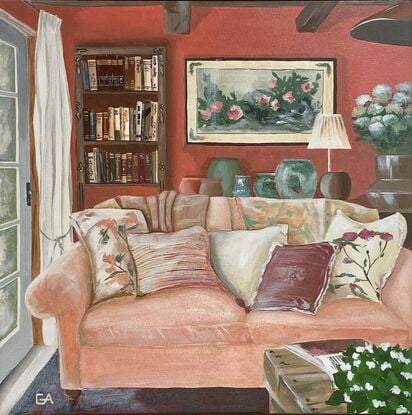 pink sofa in terracotta room