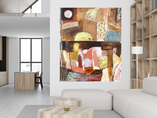 Abstract  landscape. Earthy colours woven into an Australiana patchwork painting with a touch of gold detail 