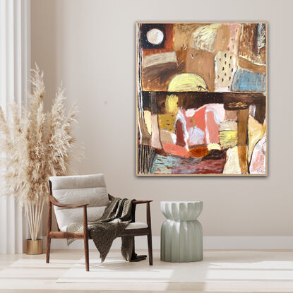 Abstract  landscape. Earthy colours woven into an Australiana patchwork painting with a touch of gold detail 