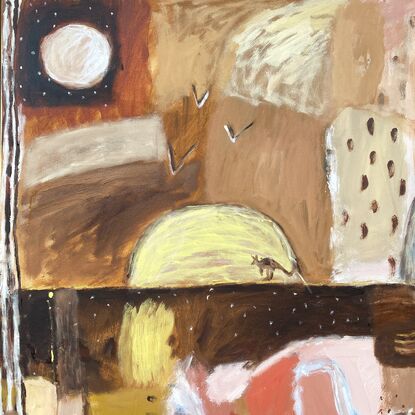 Abstract  landscape. Earthy colours woven into an Australiana patchwork painting with a touch of gold detail 