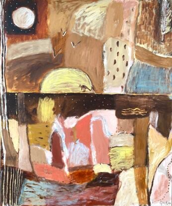 Abstract  landscape. Earthy colours woven into an Australiana patchwork painting with a touch of gold detail 