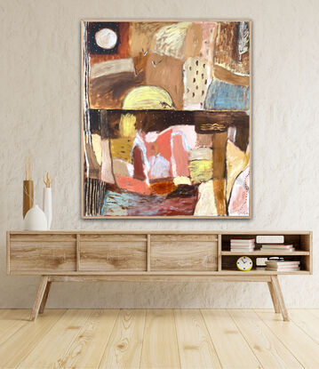 Abstract  landscape. Earthy colours woven into an Australiana patchwork painting with a touch of gold detail 