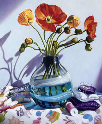 Poppies in blue vase with shadow.