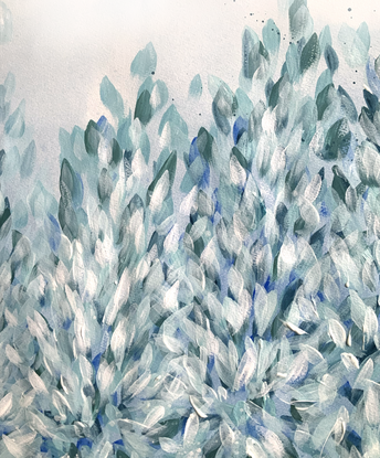 A blue abstract artwork by Sydney artist Leni Kae, from her series titled “Healing Landscapes”.  Layers of soft blue petals overlap; a modern abstract impressionist view of trees by a lake. The gentle colours are painted to reflect the healing  nature of water, and the inner glow that arises from peaceful reflection. 

Painted with acrylic and watercolour on paper. 56 x 76cm. Requires framing. 
Please add BlueThumb framing if you would like to receive this artwork framed. 