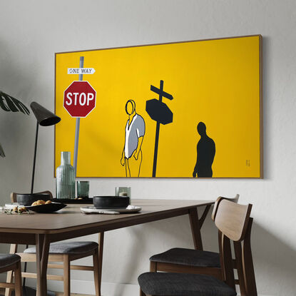 Extra Large black line art image on an earthy mustard/yellow & deep brown colour with figurative imagery.