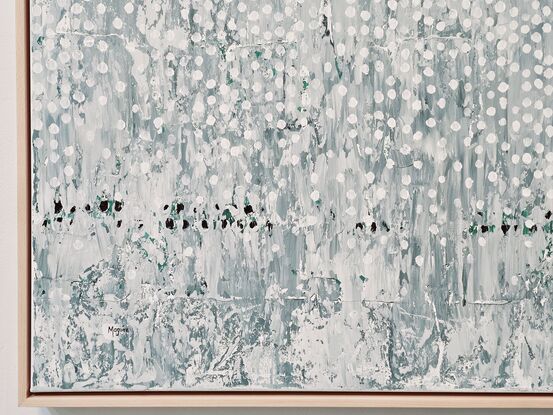 In the lower area, verte green, splashes of black and green overlaid with layers of with, soft blushes of pink in the upper areas popping through the white.  All overlaid with vertical patterns of white textural fingerprints.