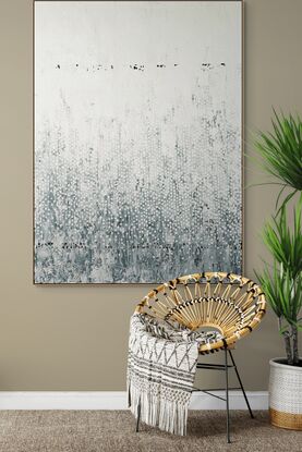 In the lower area, verte green, splashes of black and green overlaid with layers of with, soft blushes of pink in the upper areas popping through the white.  All overlaid with vertical patterns of white textural fingerprints.